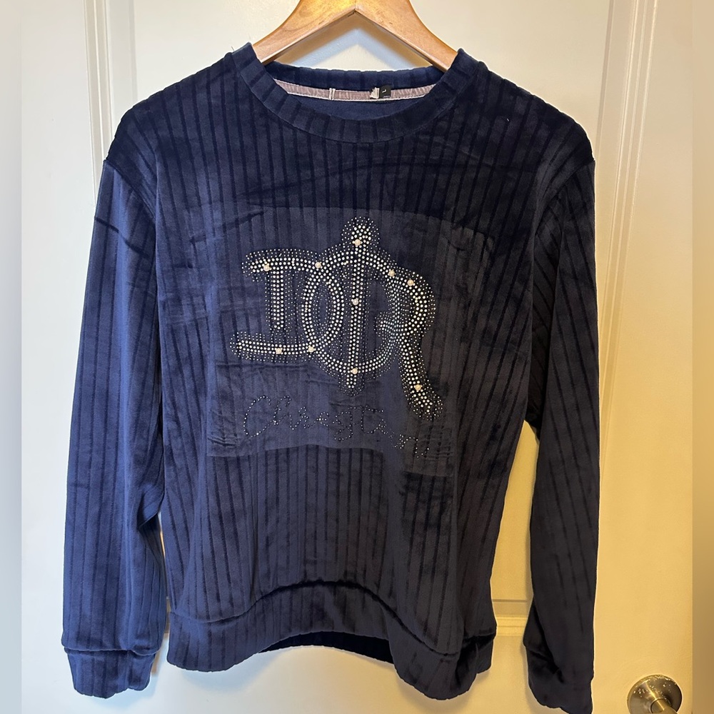 Dior vintage navy rhinestone velour Sweatshirt with Logo. Super soft